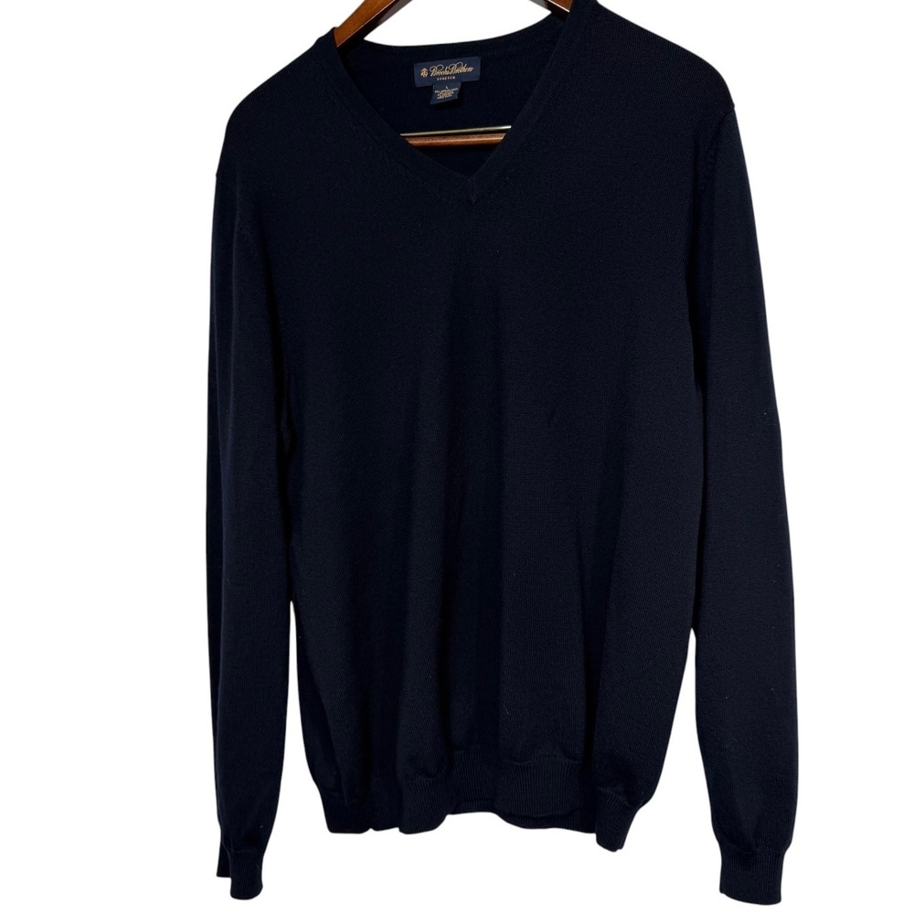 Brooks Brothers Mens Navy Blue Merino Wool Blend Stretch V-Neck Sweater Large